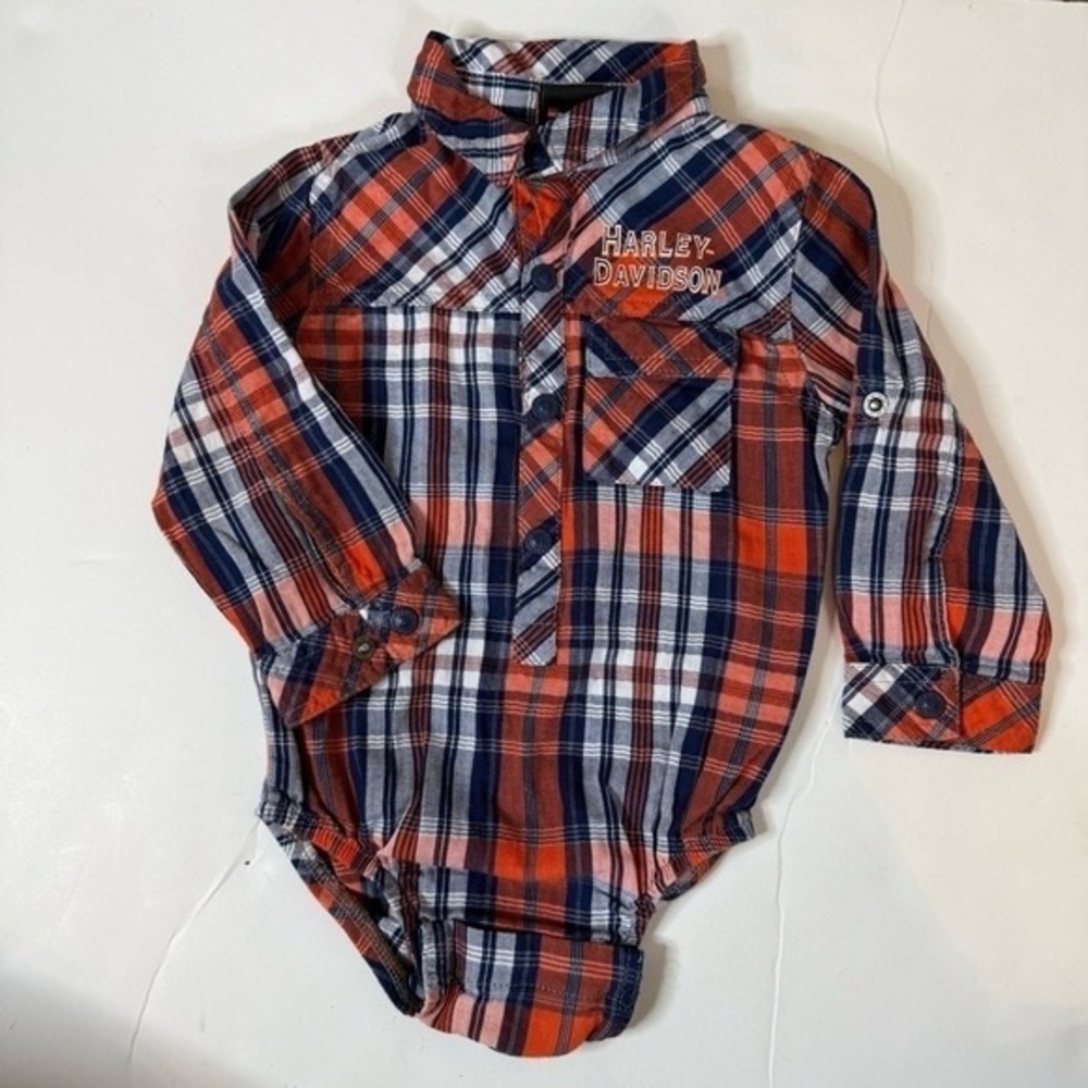 Harley-Davidson Orange Navy Plaid Infant Button-Up Bodysuit